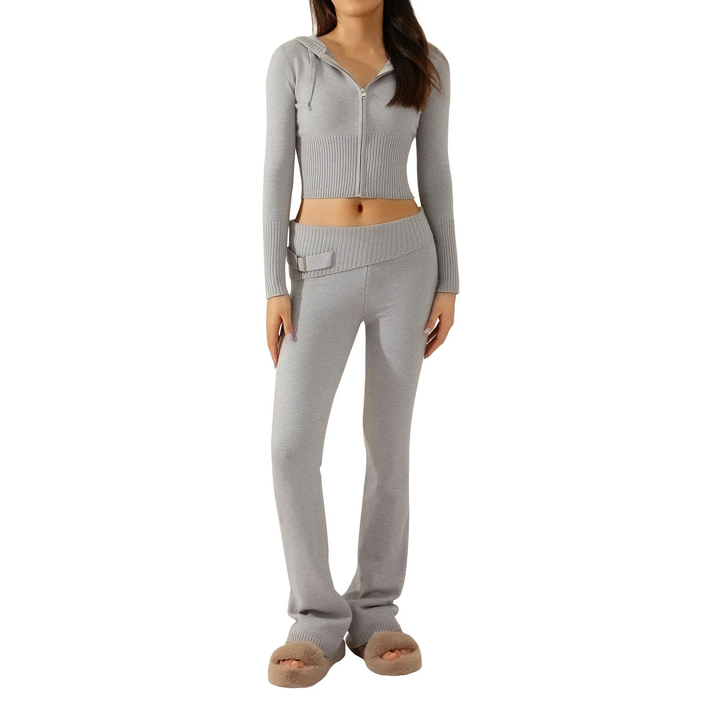 Knit Lounge Set | Hooded | Zip-Up | Knit Two-Piece Set | Women's Loungewear-Grace Aura