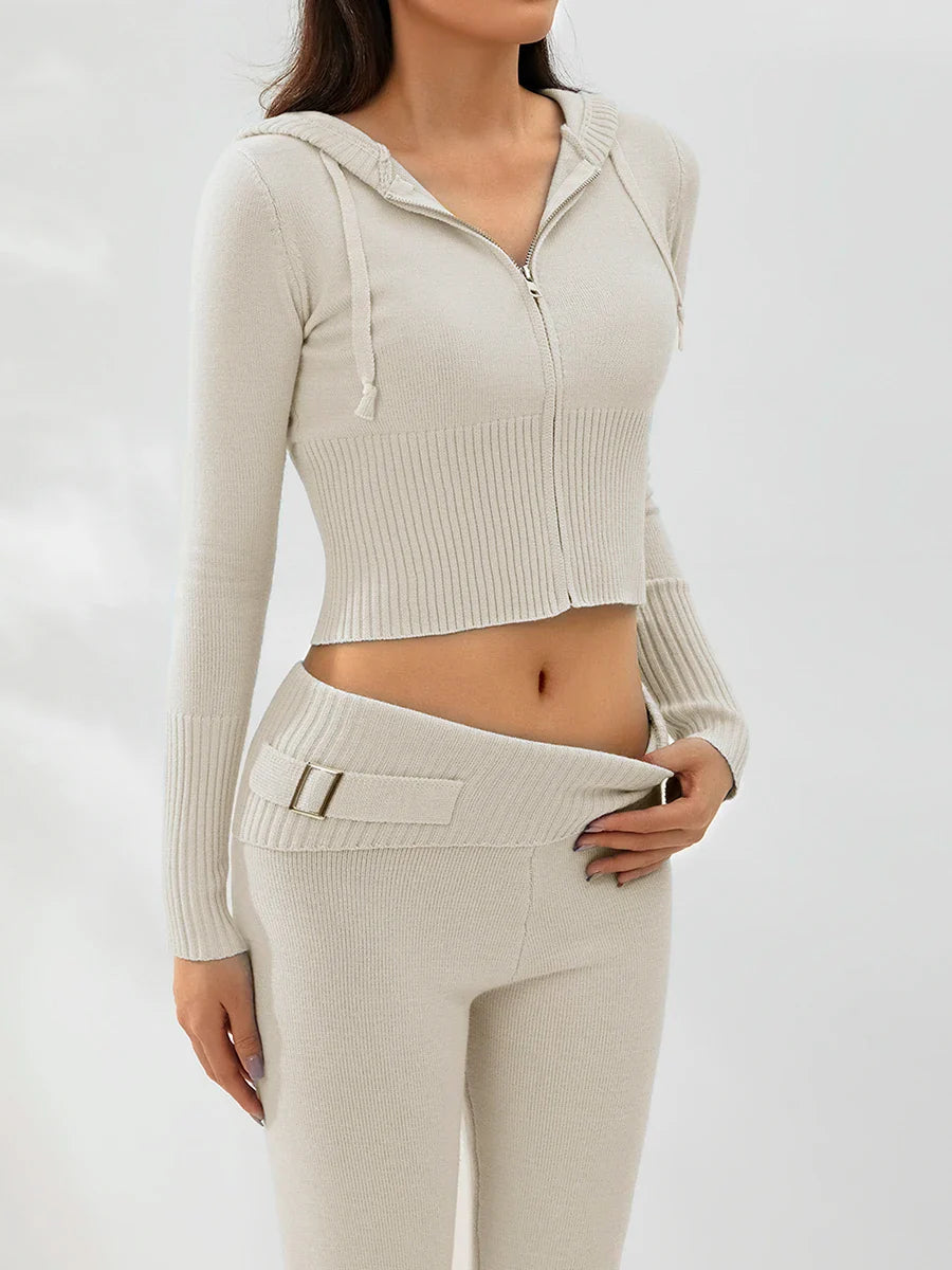 Knit Lounge Set | Hooded | Zip-Up | Knit Two-Piece Set | Women's Loungewear-Grace Aura