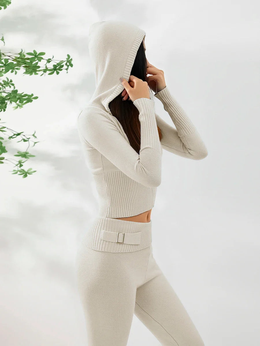 Knit Lounge Set | Hooded | Zip-Up | Knit Two-Piece Set | Women's Loungewear-Grace Aura