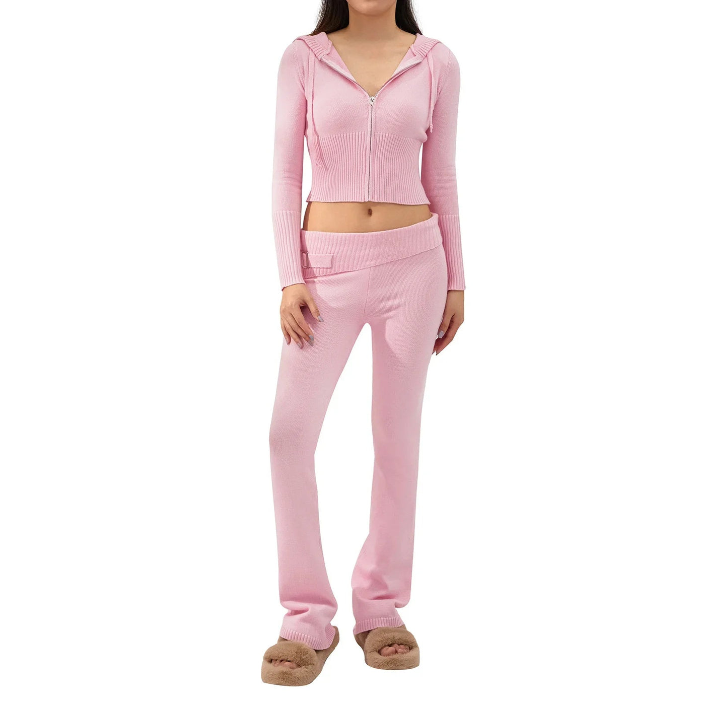 Knit Lounge Set | Hooded | Zip-Up | Knit Two-Piece Set | Women's Loungewear-Grace Aura