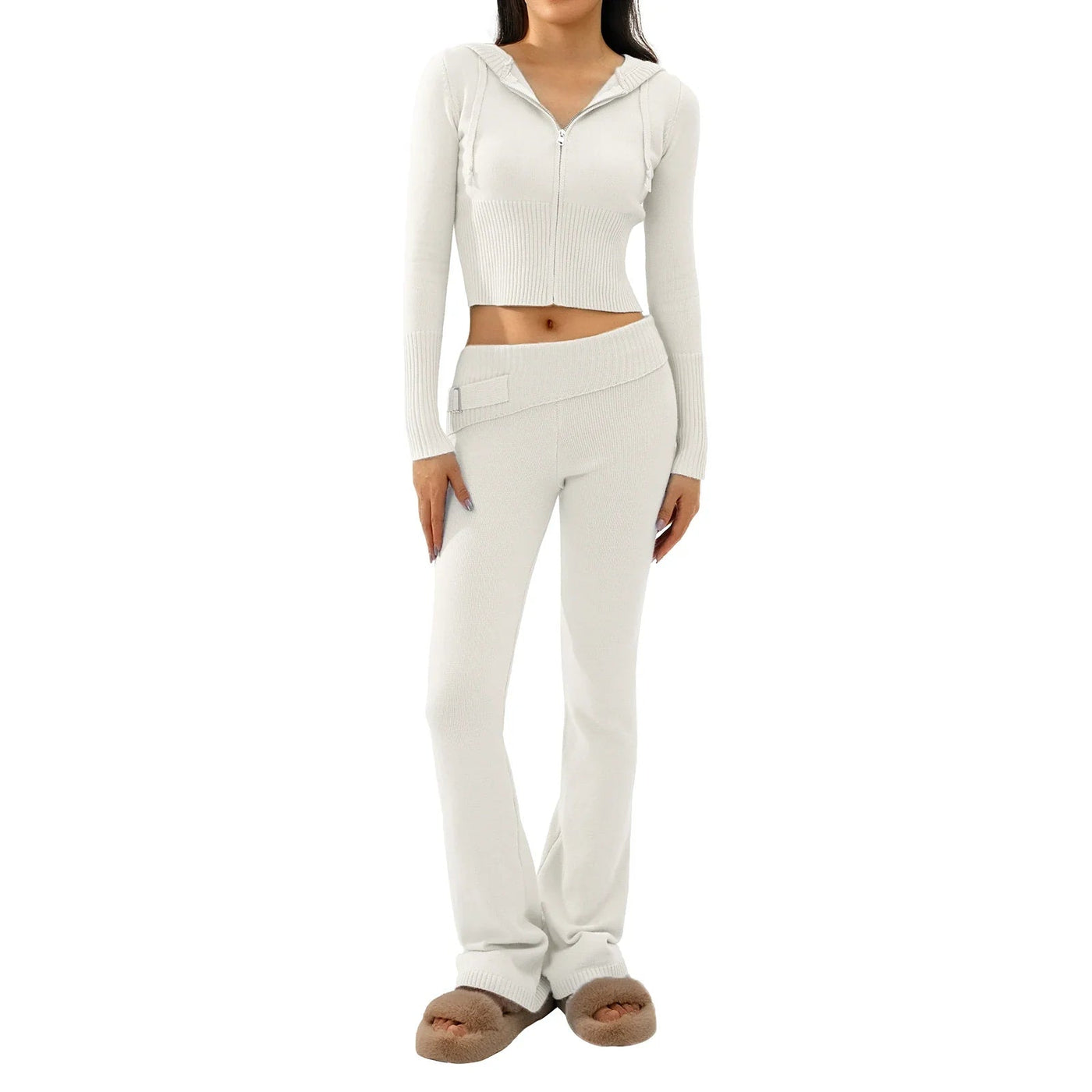 Knit Lounge Set | Hooded | Zip-Up | Knit Two-Piece Set | Women's Loungewear-Grace Aura