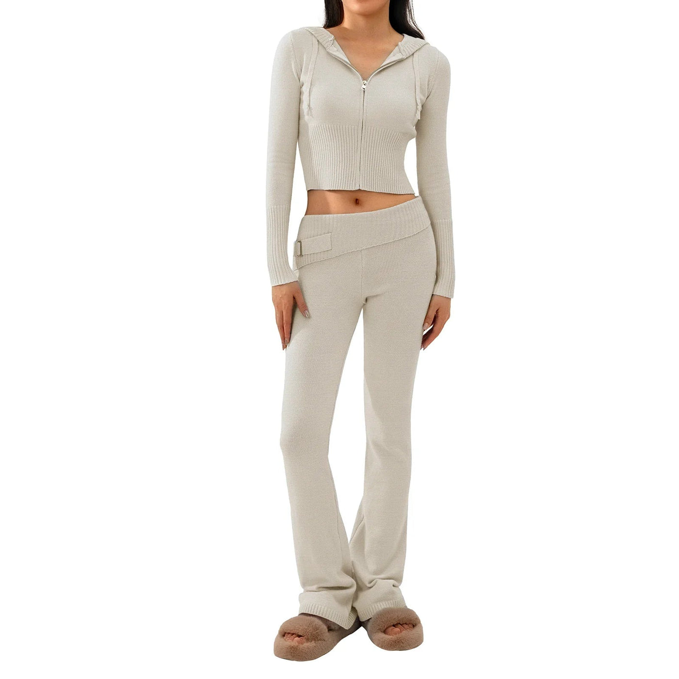 Knit Lounge Set | Hooded | Zip-Up | Knit Two-Piece Set | Women's Loungewear-Grace Aura