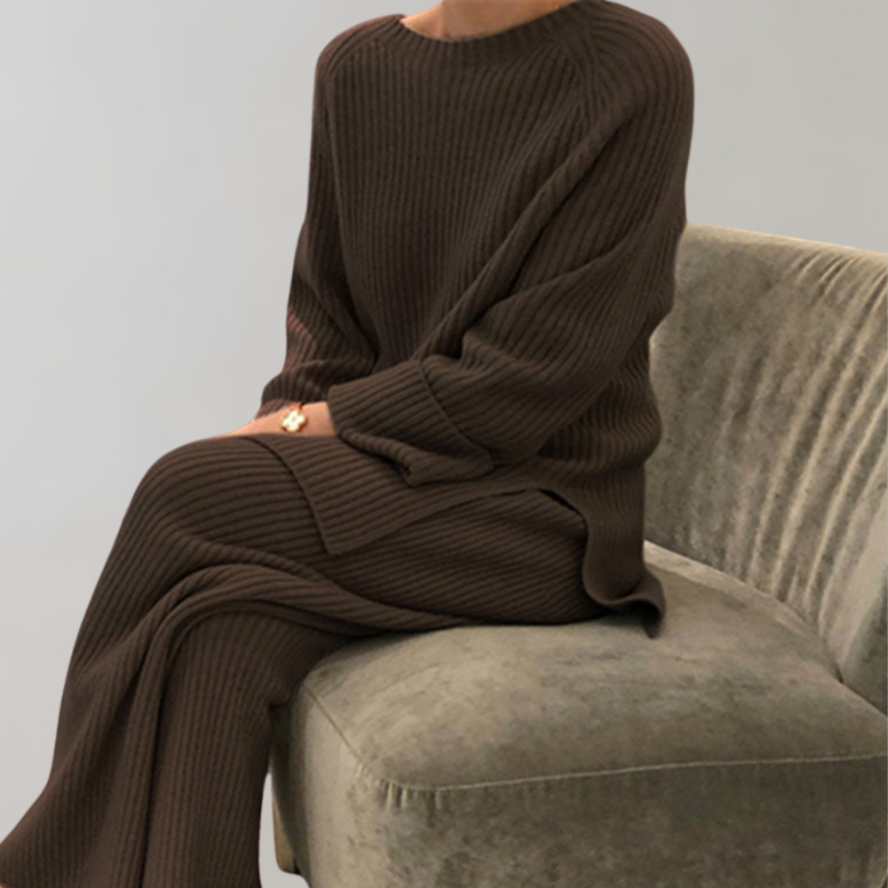 Knit Lounge Set - Long Sleeve - Wide Leg - Two-Piece Set - Women's Winter Clothes-Grace Aura