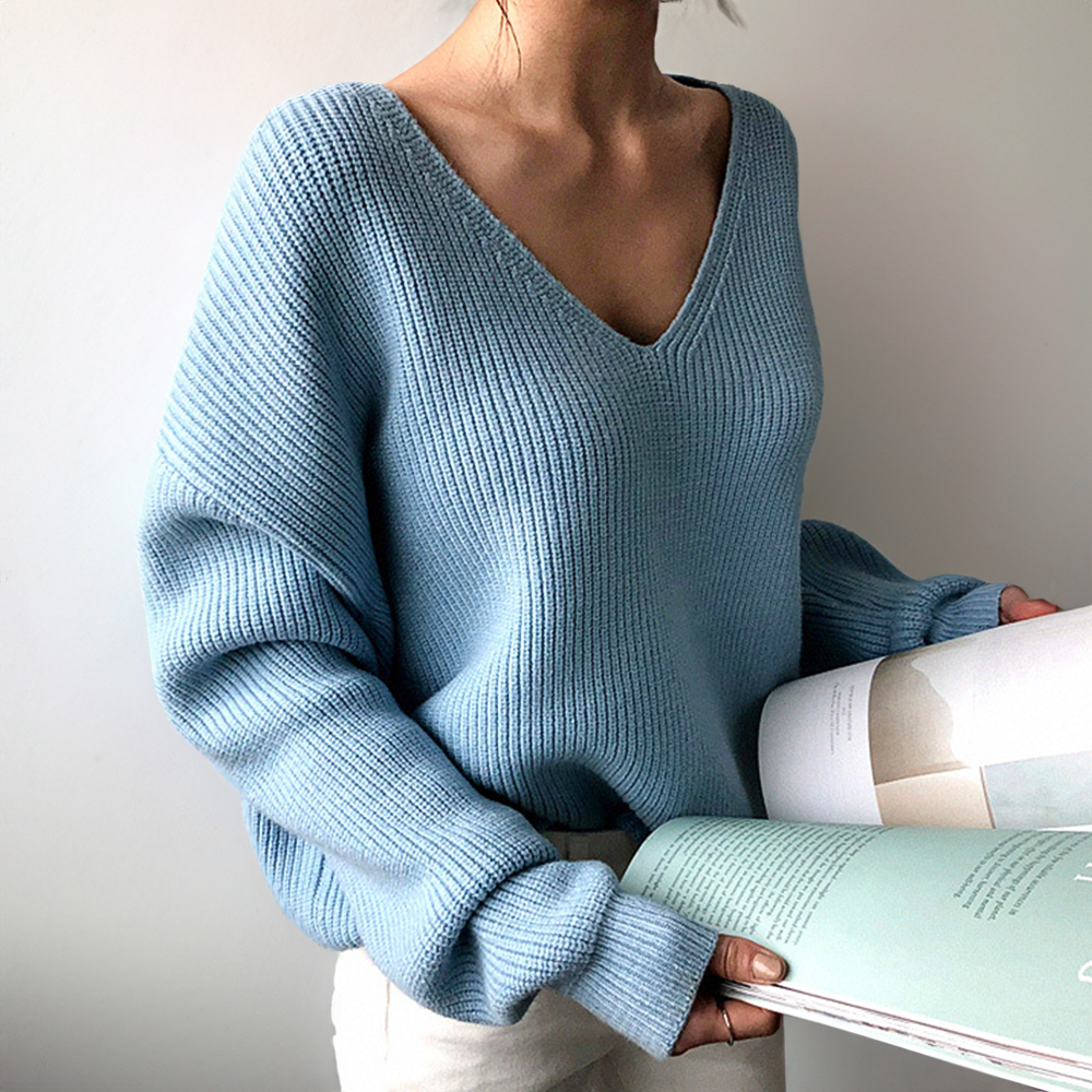 Knit Sweater | V-Neck | Loose Fit | Oversized Jumper | Women's Clothing-Grace Aura