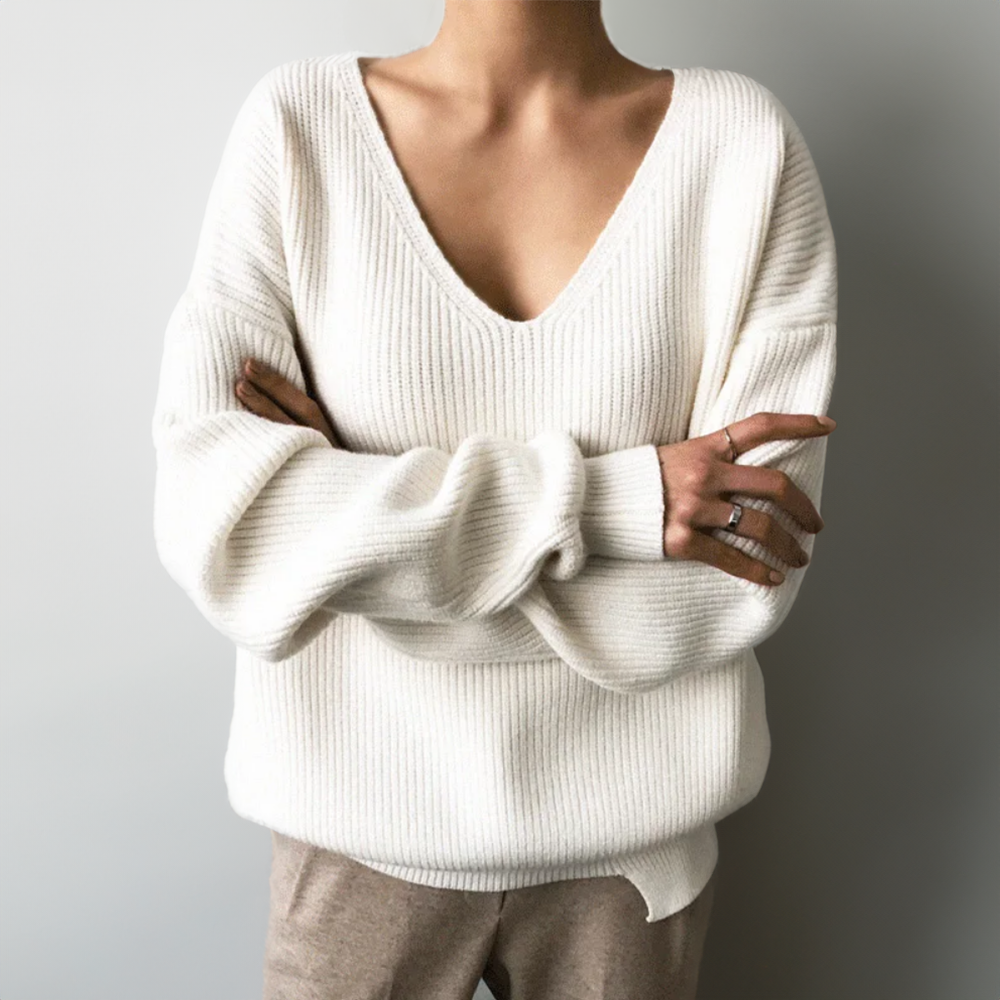 Knit Sweater | V-Neck | Loose Fit | Oversized Jumper | Women's Clothing-Grace Aura