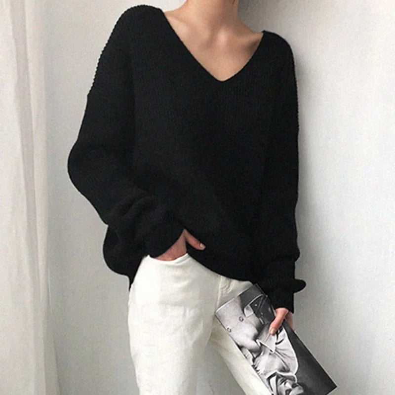 Knit Sweater | V-Neck | Loose Fit | Oversized Jumper | Women's Clothing-Grace Aura