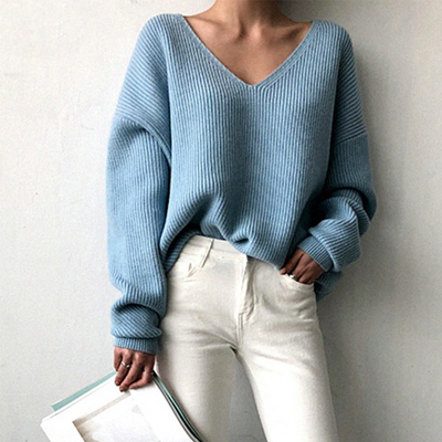 Knit Sweater | V-Neck | Loose Fit | Oversized Jumper | Women's Clothing-Grace Aura