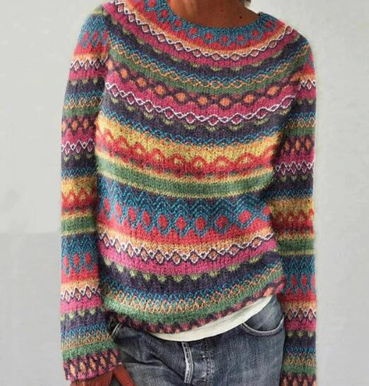 Knit Sweater - Women's Warm Striped Long Sleeve Winter Jumper-Grace Aura