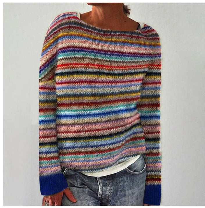 Knit Sweater - Women's Warm Striped Long Sleeve Winter Jumper-Grace Aura