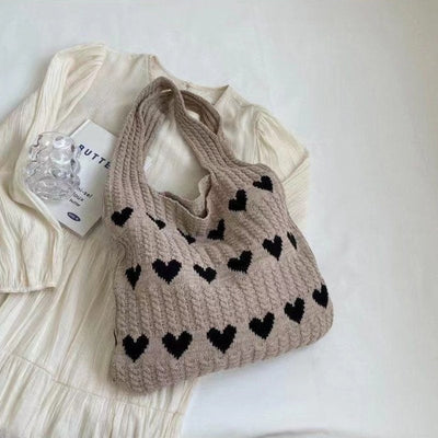 Knit Tote Bag | Heart Print | Knitted | Shoulder Bag | Shopper Bag-Grace Aura