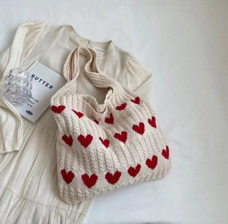 Knit Tote Bag | Heart Print | Knitted | Shoulder Bag | Shopper Bag-Grace Aura