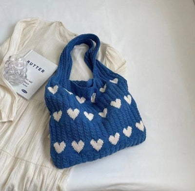 Knit Tote Bag | Heart Print | Knitted | Shoulder Bag | Shopper Bag-Grace Aura