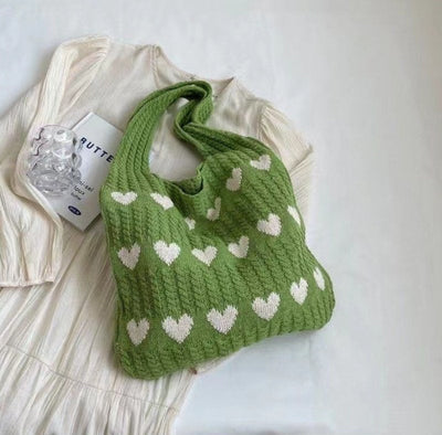 Knit Tote Bag | Heart Print | Knitted | Shoulder Bag | Shopper Bag-Grace Aura