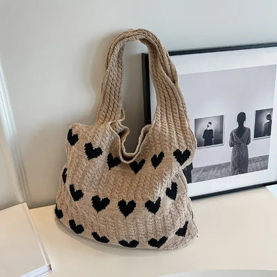 Knit Tote Bag | Heart Print | Knitted | Shoulder Bag | Shopper Bag-Grace Aura