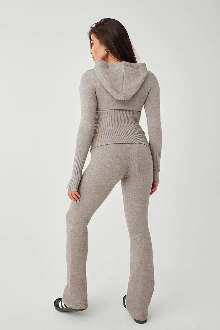 Knit Two-Piece Set | Hooded | Zip Cardigan | Knit Co-Ord Set | Women's Loungewear-Grace Aura