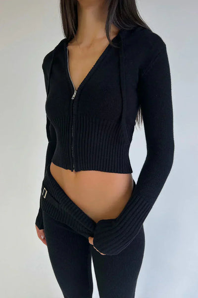 Knit Two-Piece Set | Hooded | Zip Cardigan | Knit Co-Ord Set | Women's Loungewear-Grace Aura