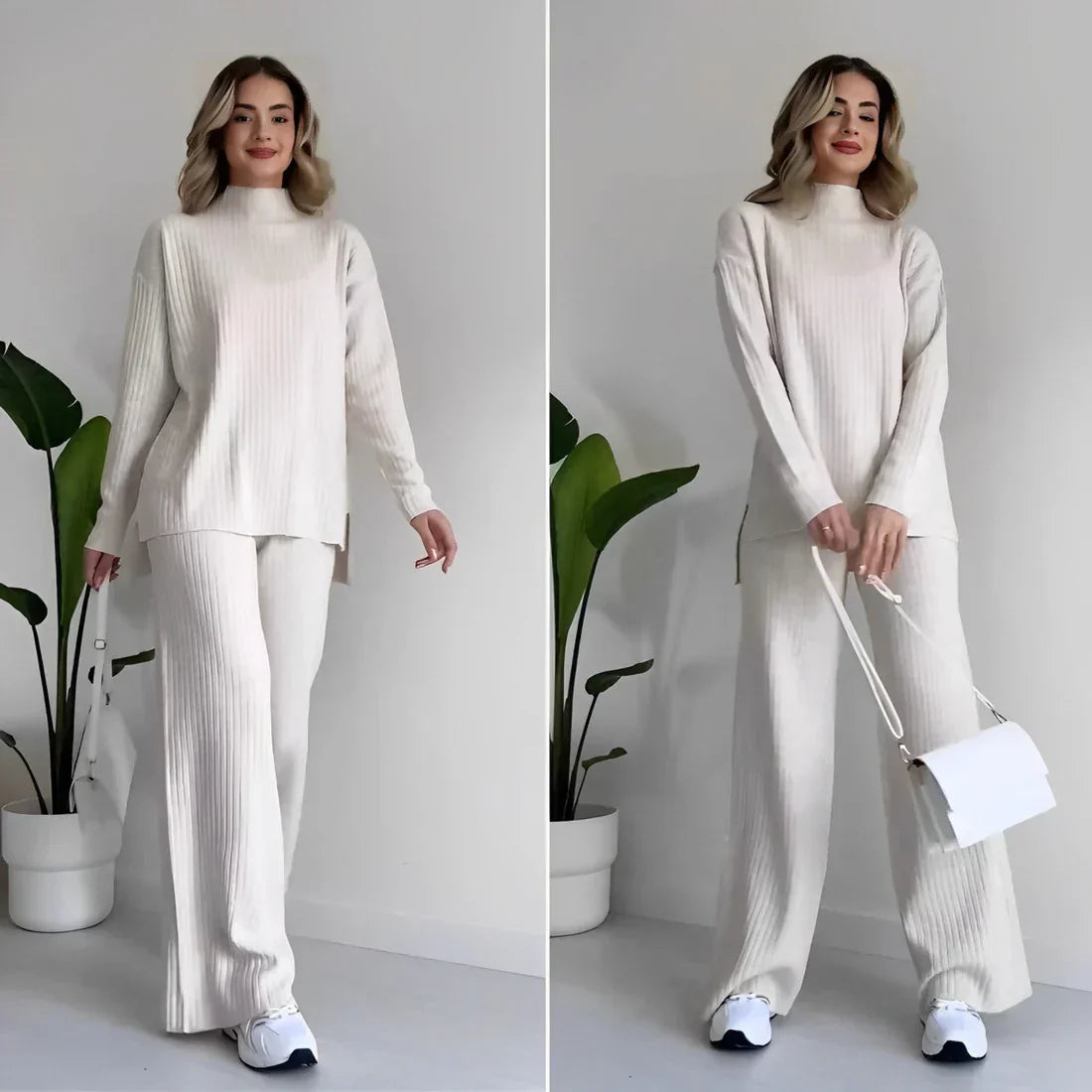 Knit Two-Piece Set | Loose Fit | Turtleneck | Knitted Co-Ord Set | Women's Loungewear-Grace Aura