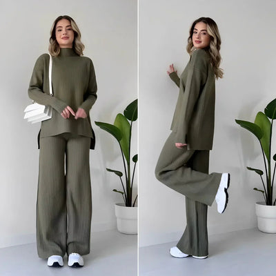 Knit Two-Piece Set | Loose Fit | Turtleneck | Knitted Co-Ord Set | Women's Loungewear-Grace Aura