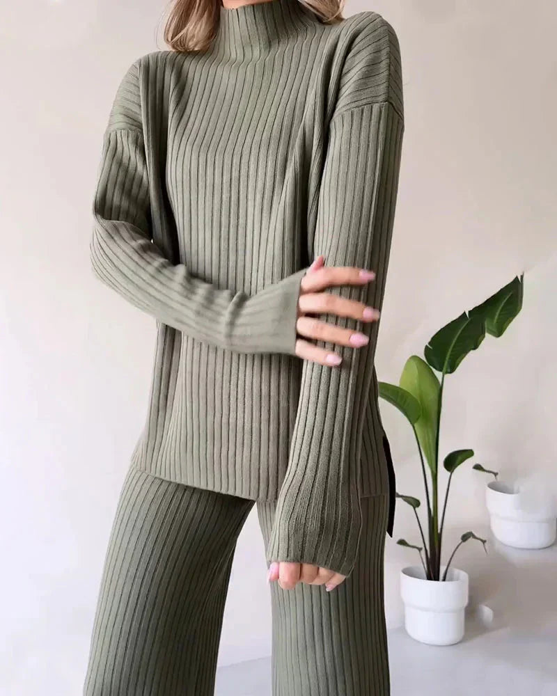 Knit Two-Piece Set | Loose Fit | Turtleneck | Knitted Co-Ord Set | Women's Loungewear-Grace Aura