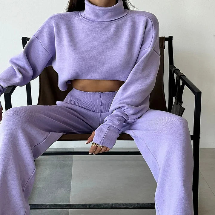 Knit Two-Piece Set - Women's Turtleneck High Waisted Wide Leg Pants Co-Ord Set-Grace Aura