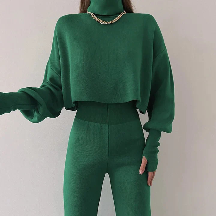 Knit Two-Piece Set - Women's Turtleneck High Waisted Wide Leg Pants Co-Ord Set-Grace Aura