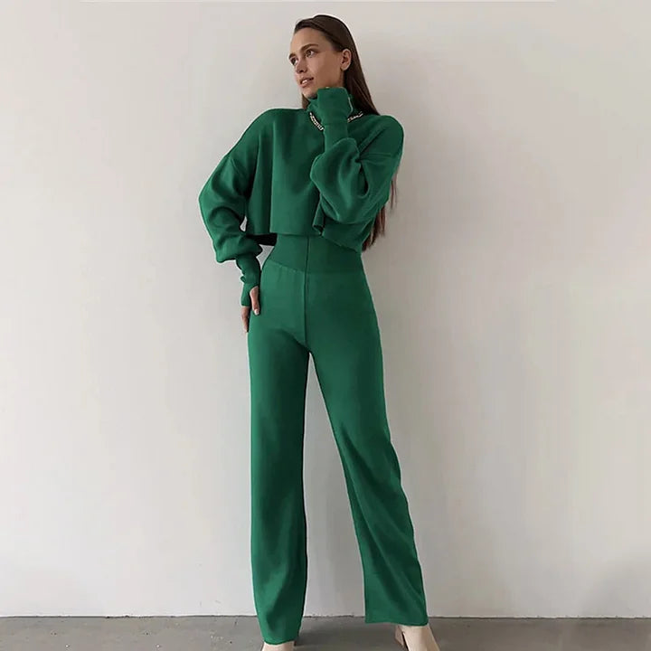 Knit Two-Piece Set - Women's Turtleneck High Waisted Wide Leg Pants Co-Ord Set-Grace Aura