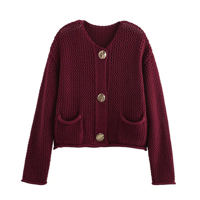 Knitted Cardigan - Warm - Pockets - Button-Up Cardigan - Women's Clothing-Grace Aura