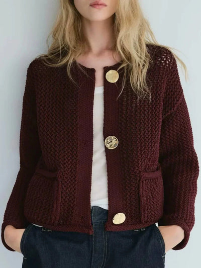 Knitted Cardigan - Warm - Pockets - Button-Up Cardigan - Women's Clothing-Grace Aura