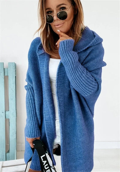 Knitted Cardigan - Women's Open Front Oversized Hooded Long Cardigan-Grace Aura