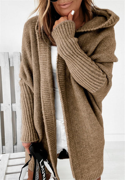 Knitted Cardigan - Women's Open Front Oversized Hooded Long Cardigan-Grace Aura