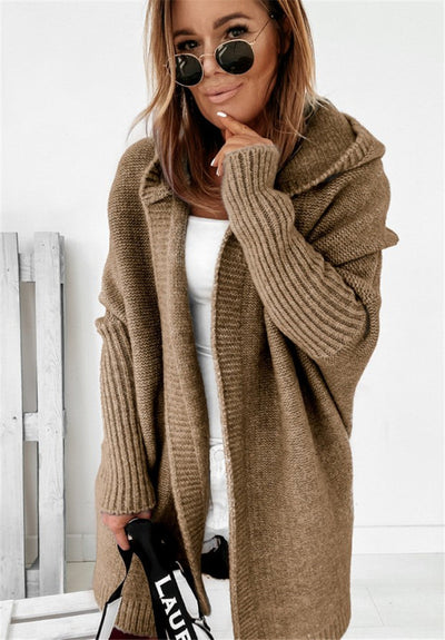 Knitted Cardigan - Women's Open Front Oversized Hooded Long Cardigan-Grace Aura