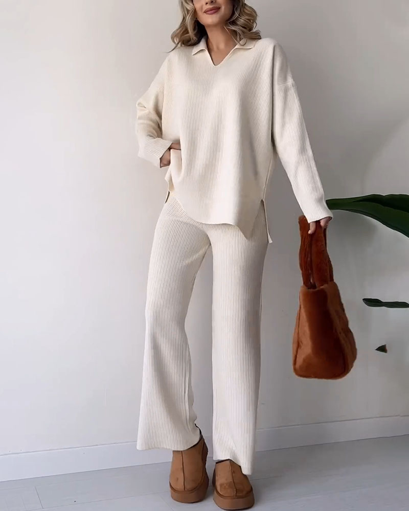 Knitted Co-Ord Set | Wide Leg | Oversized Sweater | Loungewear Set | Co-Ord Set Women-Grace Aura