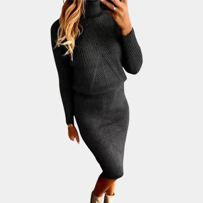 Knitted Dress - Long Sleeve Turtleneck Midi Winter Dress-Grace Aura