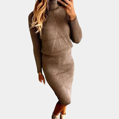 Knitted Dress - Long Sleeve Turtleneck Midi Winter Dress-Grace Aura