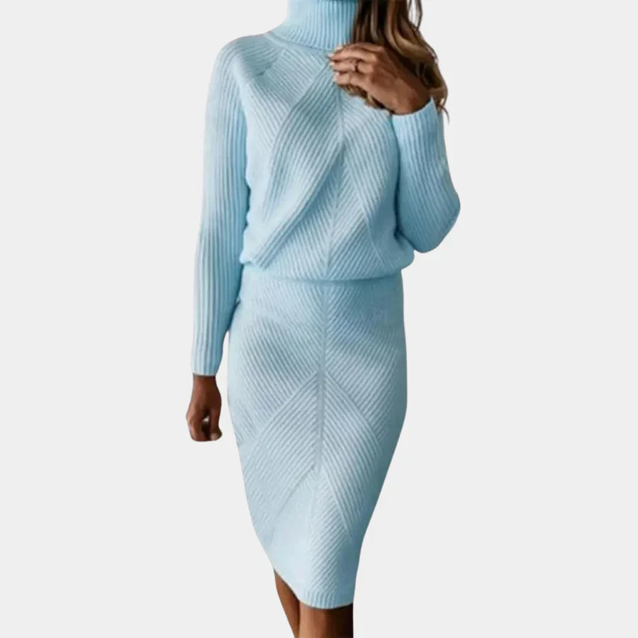 Knitted Dress - Long Sleeve Turtleneck Midi Winter Dress-Grace Aura