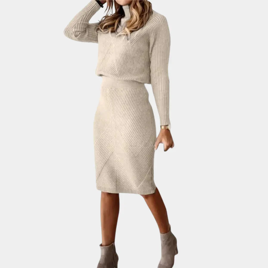 Knitted Dress - Long Sleeve Turtleneck Midi Winter Dress-Grace Aura