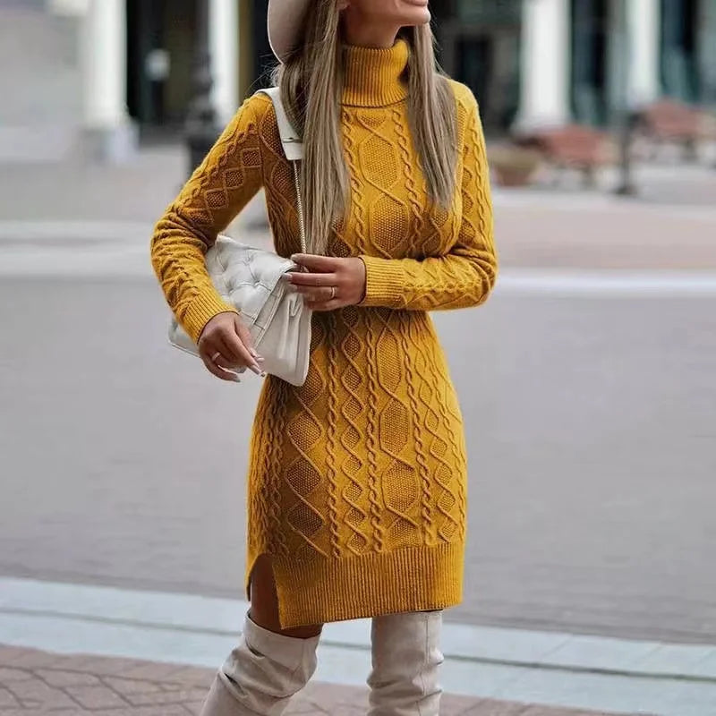 Knitted Dress | Loose Fit | Long Sleeve | Turtleneck Dress | Winter Dress-Grace Aura