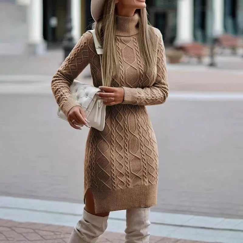 Knitted Dress | Loose Fit | Long Sleeve | Turtleneck Dress | Winter Dress-Grace Aura