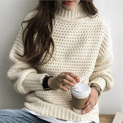 Knitted Jumper - Women's Loose Fit Chunky Turtleneck Sweater for Winter-Grace Aura