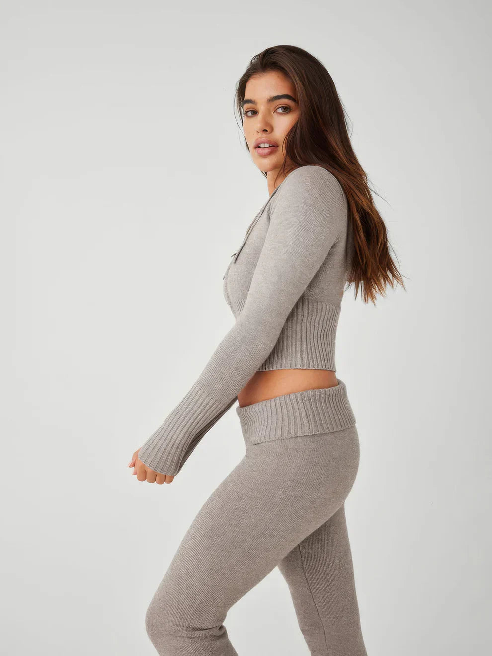 Knitted Loungewear Set - Women's Zip Cardigan and Knit Pants Two-Piece Set-Grace Aura