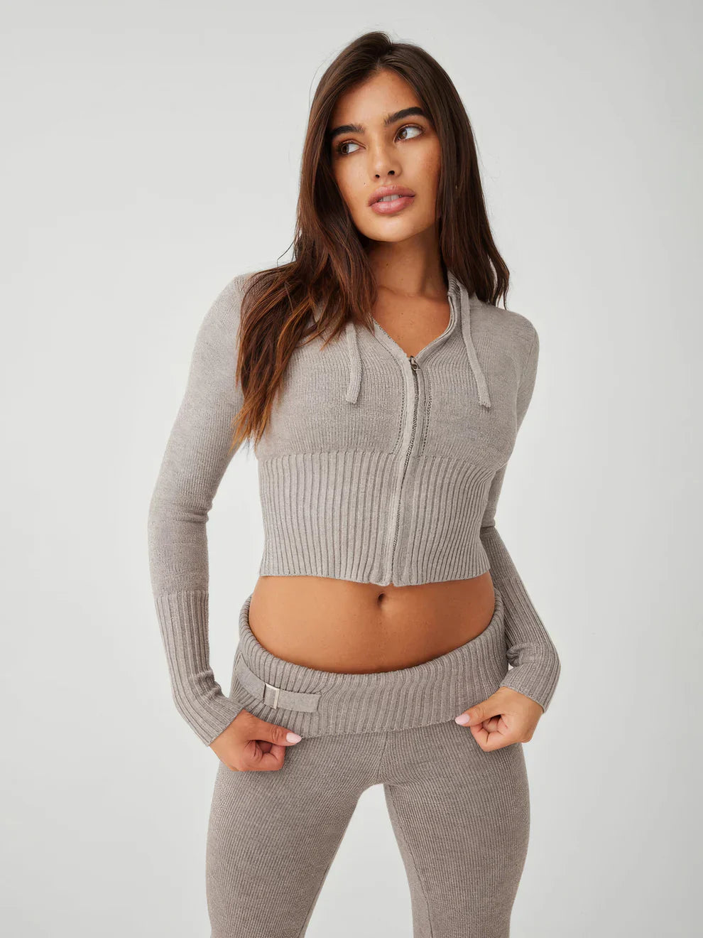 Knitted Loungewear Set - Women's Zip Cardigan and Knit Pants Two-Piece Set-Grace Aura