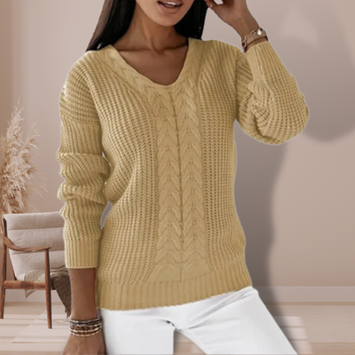 Knitted Sweater - Cable Knit - V-Neck - Knit Jumper - Women's Clothing-Grace Aura