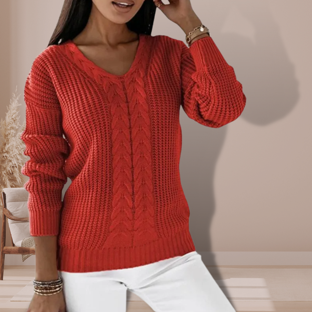 Knitted Sweater - Cable Knit - V-Neck - Knit Jumper - Women's Clothing-Grace Aura