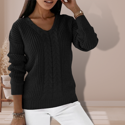 Knitted Sweater - Cable Knit - V-Neck - Knit Jumper - Women's Clothing-Grace Aura