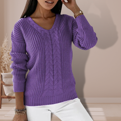 Knitted Sweater - Cable Knit - V-Neck - Knit Jumper - Women's Clothing-Grace Aura