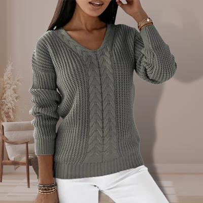 Knitted Sweater - Cable Knit - V-Neck - Knit Jumper - Women's Clothing-Grace Aura