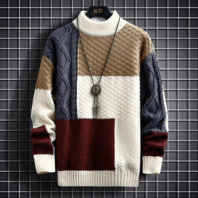 Knitted Sweater - High Neck - Patchwork - Pullover Sweater - Men's Clothing-Grace Aura