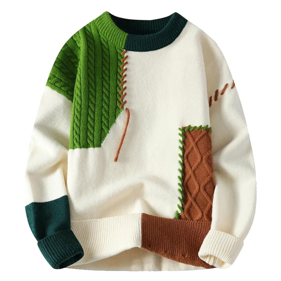 Knitted Sweater - Men's Warm Loose Fit Patchwork Pullover Sweater-Grace Aura