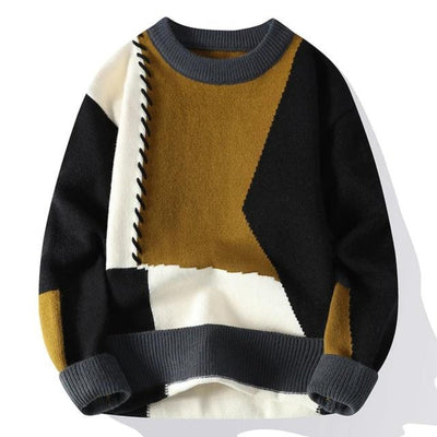 Knitted Sweater - Men's Warm Loose Fit Patchwork Pullover Sweater-Grace Aura