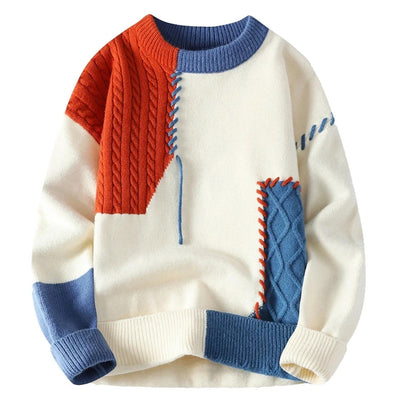 Knitted Sweater - Men's Warm Loose Fit Patchwork Pullover Sweater-Grace Aura